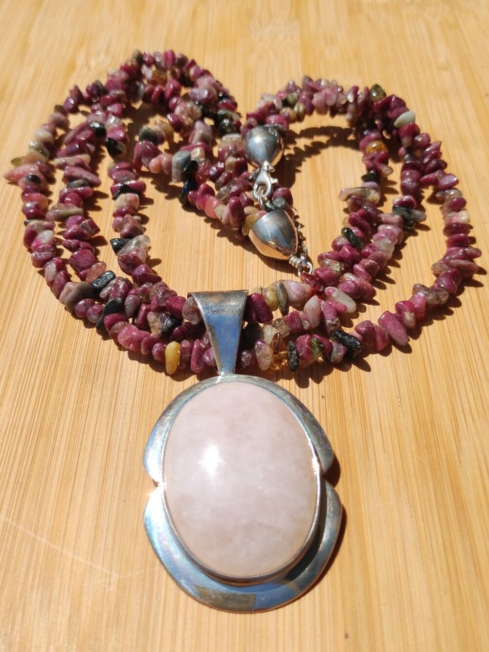 Jay King DTR 925 Sterling Triple Strand Tourmaline Necklace Rose Quartz Pendant